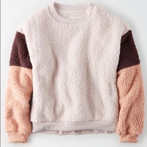 AE Fuzzy Sherpa Color Block Crew Neck Sweatshirt - Picture 2 of 7